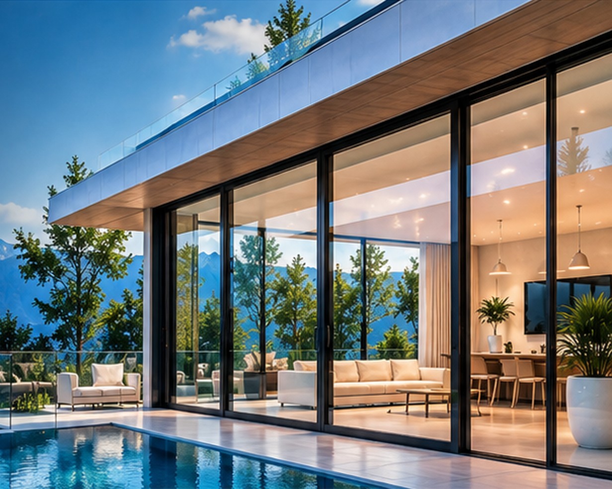 Casa moderna con grandes ventanales de vidrio frente a una piscina