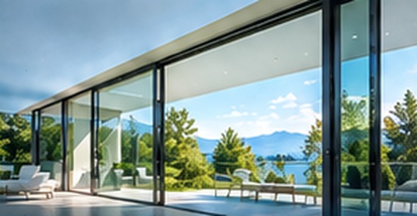 Ventanales de vidrio con vista al lago